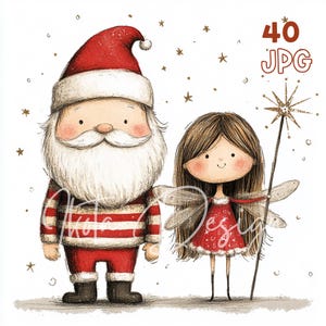 Père Noël et fée de Noël - 40 JPG de haute qualité - Planificateur numérique, Junk Journaling, Aquarelle, Art mural, Utilisation commerciale, Scrapbooking, Cartes