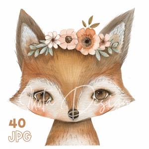 Baby Fox & Flowers Clipart - 40 High Quality JPG - Digital Planner, Junk Journaling, Minimalistic, Commercial Use, Digital Download, Nursery