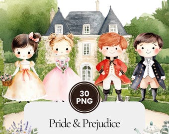 Pride and Prejudice Clipart, Watercolor Jane Austen, Regency Era Characters, Vintage Bookish Book Lover Art, Junk Journal, Commercial Use