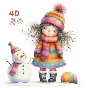 気まぐれな女の子と雪だるまのクリップアート - 40 高品質 JPG - デジタル プランナー、ジャンク ジャーナリング、ウォール アート、商用利用、マグカップ、昇華、カード