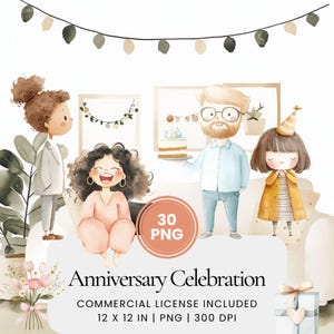 Anniversary Celebration Clipart Bundle, Watercolor Couple Party PNG, Family and Friends Party Art, Wedding Anniversary Decor Graphics