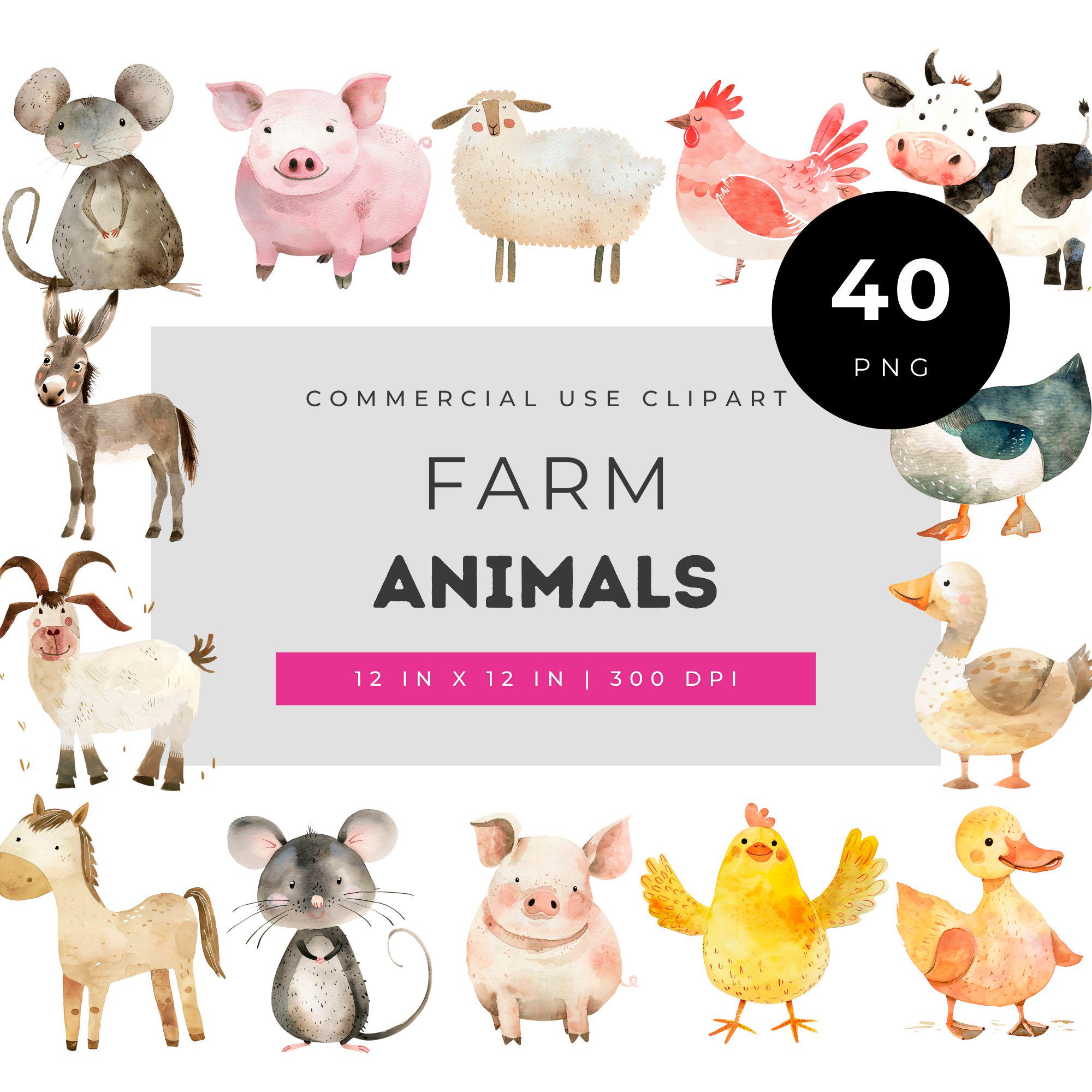Watercolor Farm Animals Clipart Set With Pig Cow Sheep Chicken Duck ...