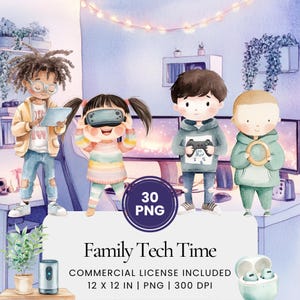Puede incluir: Una ilustración digital de una familia disfrutando del tiempo tecnológico. Una niña lleva un casco de realidad virtual, un niño juega a un videojuego y otro niño usa una tableta. La ilustración es de estilo acuarela con un fondo azul claro y un escritorio con un monitor de computadora.