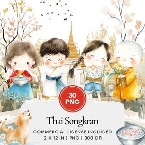 Thaise Songkran Clipart - 30 PNG - Digitale Planner, Junk Journaling, Kunst aan de muur, Commercieel Gebruik, Sublimatie, Scrapbooking, Kaarten, Mokken, Scène