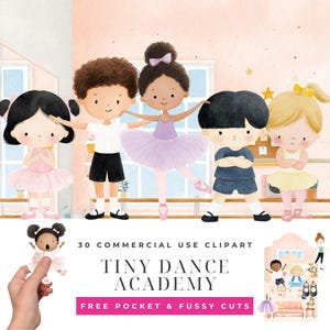 Puede incluir: Ilustración en acuarela de cinco niños de dibujos animados con atuendos de ballet. La imagen incluye el texto "Tiny Dance Academy" y "30 Commercial Use Clipart". Los niños visten tutús y ropa de baile en rosa, morado y azul. La imagen tiene una paleta de colores pastel.