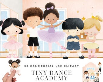 Tiny Dance Academy Clipart Bundle, Watercolor Toddler Ballet Tap Illustrations, First Dance Class PNG, Kids Recital Tutu Designs Download
