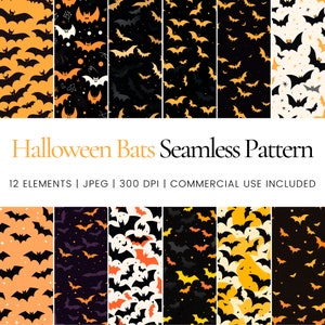 Puede incluir: Doce patrones sin costuras con murciélagos en varios colores y diseños, incluyendo naranja, amarillo, negro y blanco. Los patrones son perfectos para decoraciones de Halloween, manualidades y proyectos digitales.