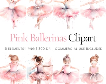 Cute Pink Ballerina Clipart - 16 High Quality PNG - Digital Planner, Junk Journaling, Watercolor, Wall Art, Commercial Use, Digital Download