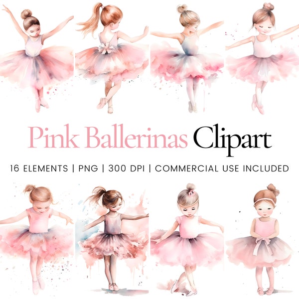 Cute Pink Ballerina Clipart - 16 High Quality PNG - Digital Planner, Junk Journaling, Watercolor, Wall Art, Commercial Use, Digital Download