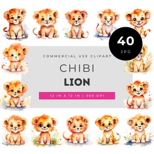 Zestaw akwarelowych clipartów z lwami w stylu chibi, przedstawiających urocze małe lwiątka, miękkie, zaokrąglone rysy twarzy, puszystą grzywę i wyraziste oczy w fantazyjnej sztuce