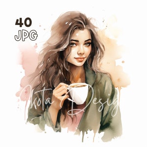 Female Coffee Lover Clipart - 40 JPG di alta qualità - Pianificatore digitale, Junk Journaling, Acquerello, Arte della parete, Uso commerciale, Download digitale