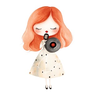 May include: A watercolor illustration of a girl with long red hair singing into a microphone while holding a black vinyl record. She is wearing a white dress with black polka dots.