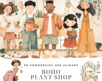 Boho Plant Shop Clipart Bundle, Watercolor Plant Lady PNG, Diverse Plant People Houseplant Clipart, Boho Plant Mom Terracotta Download