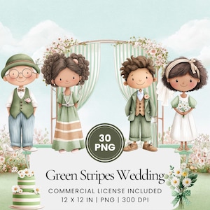 Retro Hochzeit Clipart Bundle, Grüne Streifen Brautparty PNG, Elegante Pastell Aquarell Braut und Bräutigam Illustrationen, AI Clip Art Pack