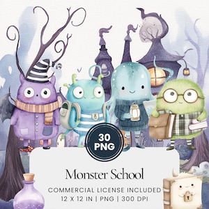 Pode incluir: Um conjunto de 30 ilustrações digitais de monstros fofinhos indo para a escola. Os monstros são um morcego roxo, um alienígena azul, um polvo azul e um monstro verde peludo. As ilustrações são em estilo aquarela e são perfeitas para criar designs divertidos e caprichosos.