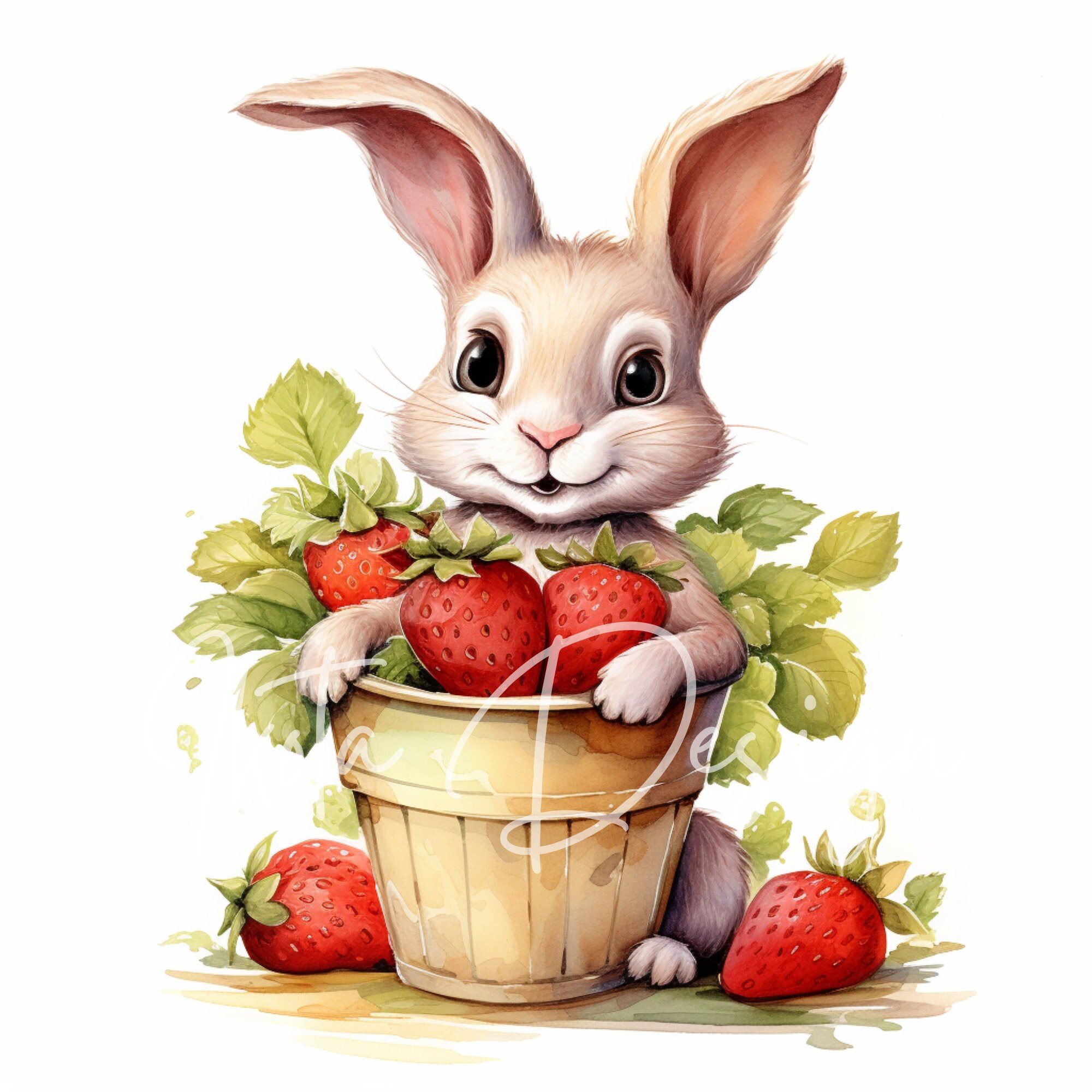 絵画 strawberry & cutie rabbit Rabbit Strawberry Clipart, Cute Bunny Illustration, Watercolor