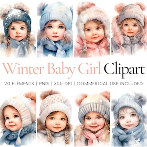 Winter Baby Girl Clipart - 20 PNG de haute qualité - Planificateur numérique, Junk Journaling, Aquarelle, Utilisation commerciale, Téléchargement numérique