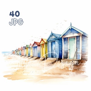 Strandhütten Clipart - 40 hochwertige JPGs - Digitaler Planer, Junk Journaling, Aquarell, kommerzielle Nutzung, digitaler Download, Wandkunst, Tassen
