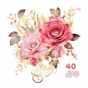 Roses & Gold Clipart - 40 High Quality JPGs - Digital Planner, Junk Journaling, Watercolor, Commercial Use, Digital Download, Mugs, Apparel