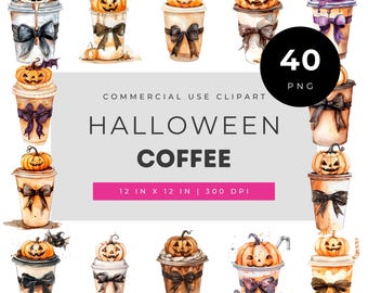 Halloween coffee clipart set, pumpkin latte spooky drink watercolor bundle for fall crafts invitations stickers sublimation design