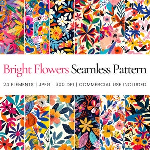 Puede incluir: Un conjunto de 24 patrones sin costuras con flores y hojas brillantes y coloridas. Los patrones son perfectos para usar en proyectos digitales e impresos.