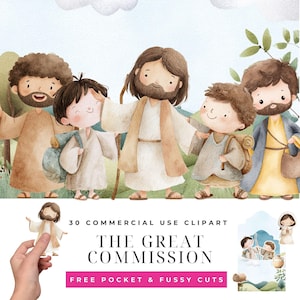 Pode incluir: Ilustração em aquarela com um grupo de figuras em vestes, com uma figura no centro estendendo os braços. O texto "THE GREAT COMMISSION" é exibido abaixo, junto com "30 COMMERCIAL USE CLIPART" e "FREE POCKET & FUSSY CUTS".