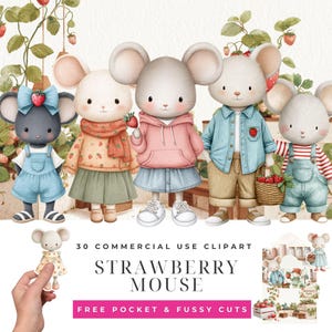 Puede incluir: Una colección de imágenes prediseñadas de acuarela con adorables ratones de dibujos animados vestidos con varios atuendos. Los ratones sostienen fresas o cestas de fresas. La imagen incluye el texto "Strawberry Mouse" y "30 Commercial Use Clipart".