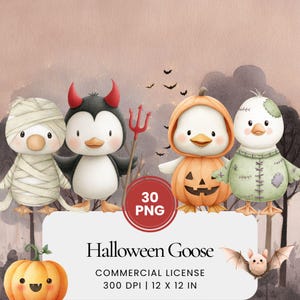 Puede incluir: Ilustración en acuarela con cuatro personajes de gansos de Halloween: una momia, un pingüino diablo con un tridente, una calabaza y un ganso Frankenstein. La imagen incluye el texto "Halloween Goose" y "30 PNG".