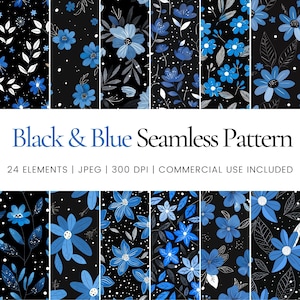 Puede incluir: Un conjunto de 24 patrones sin costuras con flores azules y hojas sobre un fondo negro. Los patrones son perfectos para el scrapbooking digital, la artesanía y otros proyectos creativos.  24 ELEMENTOS | JPEG | 300 DPI | USO COMERCIAL INCLUIDO