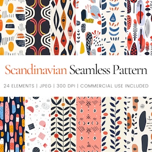 Scandinavian Seamless Pattern Set for Scrapbooking and Crafts, Modern Geometric Digital Paper with Nordic Folk Art Design Elements