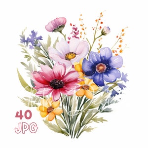 Wildflowers Bouquet Clipart - 40 High Quality JPGs - Digital Planner, Junk Journaling, Watercolor, Commercial Use, Digital Download, Mugs