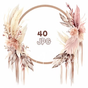 Boho Pampas Wreath Clipart - 40 hoge kwaliteit JPG's - Digitale Planner, Junk Journaling, Aquarel, Muurkunst, Commercieel Gebruik, Digitale Download