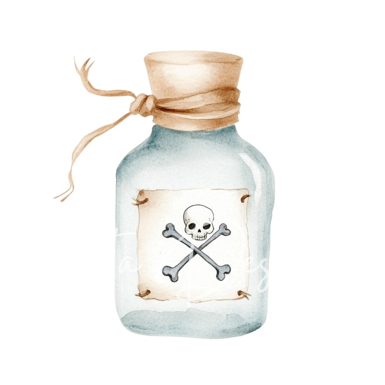 May include: A glass bottle with a brown cork stopper and a brown twine tied around the neck. The bottle has a label with a skull and crossbones.