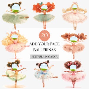 Ajoutez votre visage, ensemble d'images clipart de ballerines à l'aquarelle – Personnages de ballerines personnalisables pour invitations, affiches et décorations sur le thème de la danse