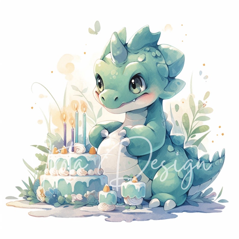 Puede incluir: Un drag&oacute;n verde con un cuerno en la cabeza est&aacute; de pie junto a un pastel de cumplea&ntilde;os de dos niveles con velas. El pastel est&aacute; decorado con glaseado blanco y glaseado verde. El drag&oacute;n sonr&iacute;e y mira el pastel.