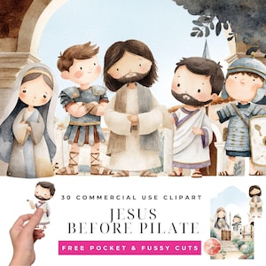 Puede incluir: Ilustración en acuarela de Jesús ante Pilato, con varias figuras vestidas con trajes históricos. La imagen incluye una figura central con barba, rodeada de soldados romanos y otros personajes. Se muestra el texto "Jesus Before Pilate".