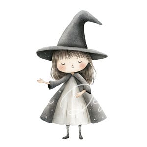 May include: A watercolor illustration of a young witch wearing a black pointed hat with a white star pattern and a black and white dress with a white star pattern. The witch has long brown hair and is smiling.