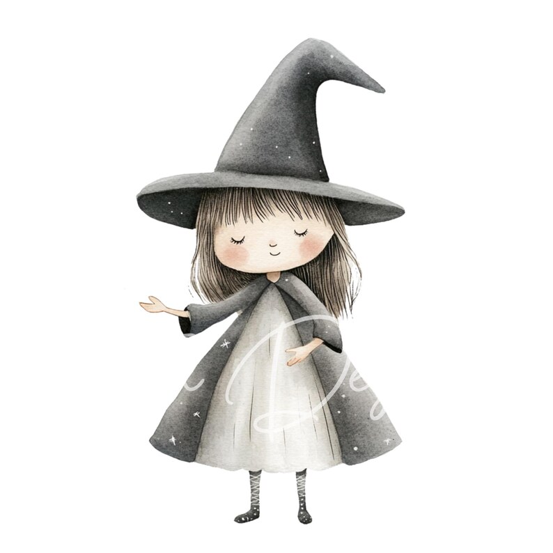 May include: A watercolor illustration of a young witch wearing a black pointed hat with a white star pattern and a black and white dress with a white star pattern. The witch has long brown hair and is smiling.