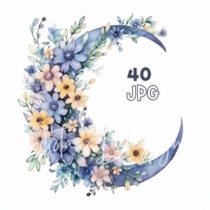Moon & Flowers Clipart - 40 High Quality JPG - Digital Planner, Junk Journaling, Watercolor, Wall Art, Commercial Use, Digital Download, Mug