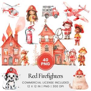Könnte beinhalten: Ein Set mit 40 Aquarell-Illustrationen mit roten Feuerwehrleuten, Feuerwehrautos, Hydranten, einer Feuerwache und einem Dalmatiner. Die Illustrationen sind perfekt zum Erstellen von Karten, Einladungen und anderen Bastelarbeiten.