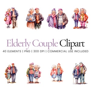 Funny Old Couple Clipart - 40 High Quality PNGs - Digital Planner, Junk Journaling, Watercolor, Commercial Use, Digital Download