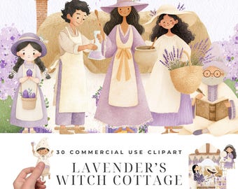 Lavender Witch Cottage Clipart Bundle, Watercolor Potion Brewing Illustrations, Purple Cauldron Grimoire PNG, Cozy Witch Characters Designs