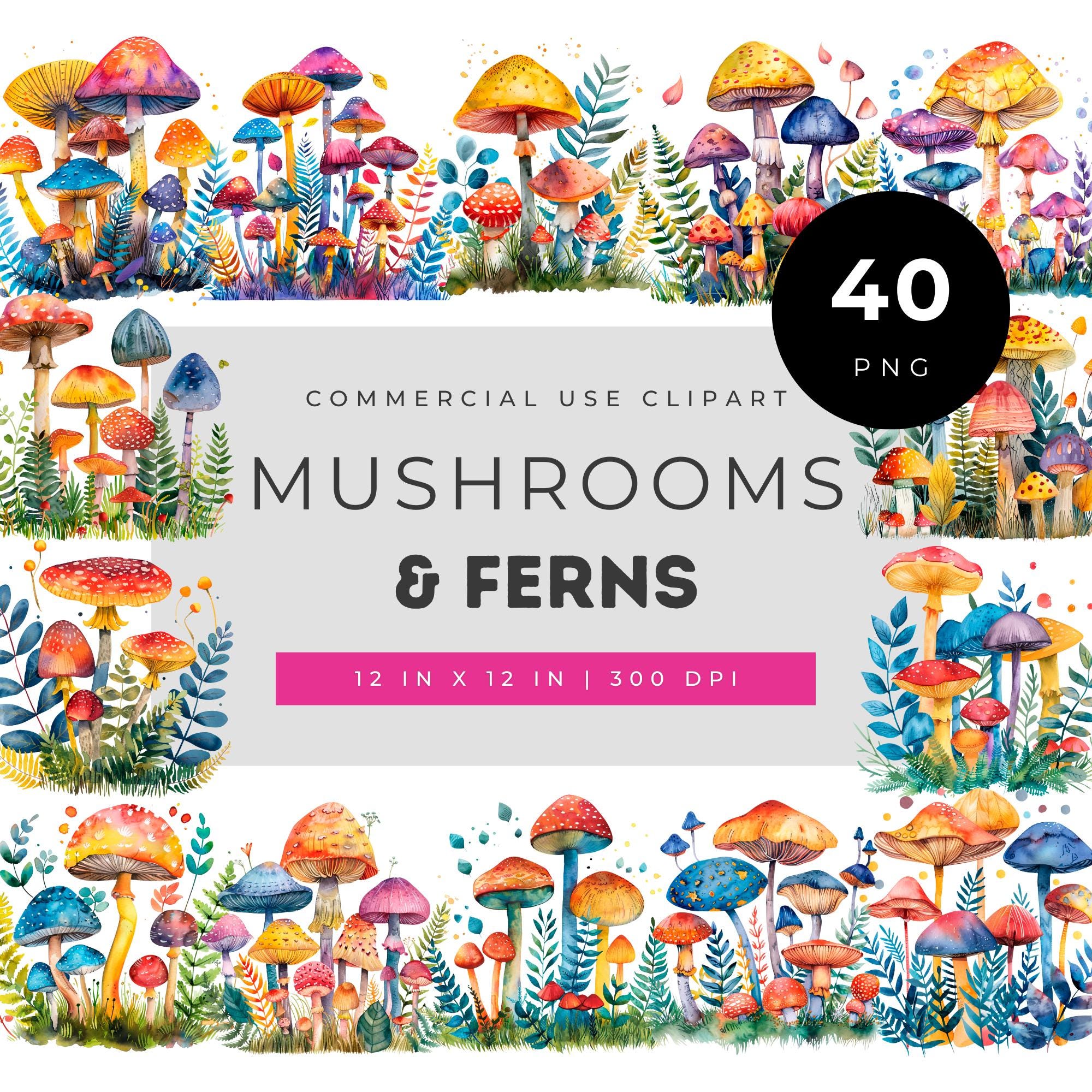 水彩キノコとシダのクリップアートセット、カラフルな森の菌類PNG