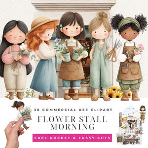Könnte beinhalten: Eine digitale Illustration mit fünf Cartoon-Mädchen in einem Blumenladen. Die Mädchen tragen Schürzen und Overalls und halten Blumen, Töpfe und Scheren. Der Text "FLOWER STALL MORNING" und "FREE POCKET & FUSSY CUTS" ist ebenfalls sichtbar.