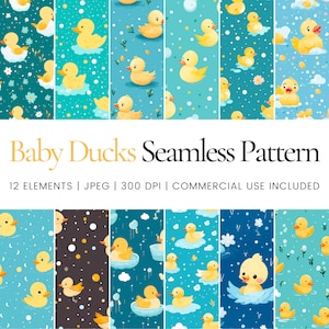 Puede incluir: Un conjunto de 12 patrones sin costuras con adorables patitos amarillos en varias poses sobre un fondo azul con copos de nieve blancos. Los patrones son perfectos para crear invitaciones de baby shower, decoración de guardería o diseños de telas.