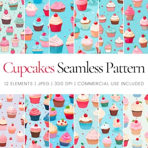 Puede incluir: Un conjunto de 12 patrones sin costuras que presentan cupcakes coloridos con varios ingredientes, chispas y cerezas. Los patrones están sobre un fondo azul claro con lunares blancos.