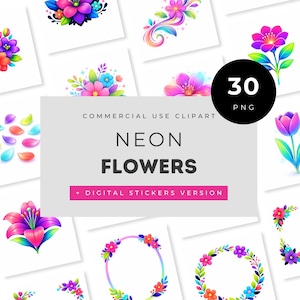 Puede incluir: Una colección de 30 imágenes prediseñadas de flores de neón PNG. Las imágenes presentan diseños florales vibrantes y coloridos, incluyendo ramos, flores individuales y marcos florales. El texto de la imagen dice "Commercial Use Clipart" y "Neon Flowers + Digital Stickers Version."