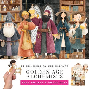 May include: Illustration of five alchemists in colorful robes, holding flasks and beakers. The image includes the text "GOLDEN AGE ALCHEMISTS" and "FREE POCKET & FUSSY CUTS". The background features bookshelves and arched windows, creating a whimsical, fantasy theme.