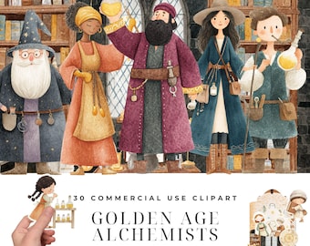 Golden Age Alchemists Clipart Bundle, Watercolor Transmutation Lab Illustrations, Philosopher Stone Furnace PNG, Alchemy Characters Designs