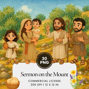 Biblical Sermon on the Mount watercolor clipart bundle, Christian Jesus teaching PNG illustrations, Bible story art pack with fussy cuts